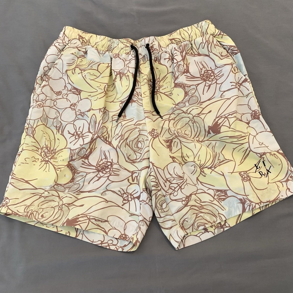 LIRA Shorts Mens Medium Yellow Floral Swim Trunks Lined Pockets Drawstring